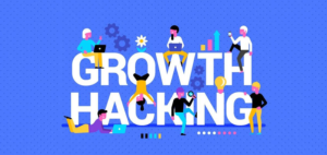 Imagem em vetor com fundo azul e letras em branco escrito growth hacking e vetores de pessoas nas letras.