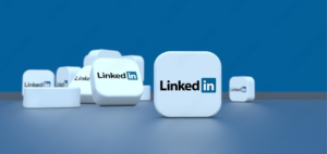 Imagem em 3d com fundo azul e logos do linkedin em quadrados brancos.