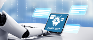Imagem de um robô notebook conversando com um chatbot