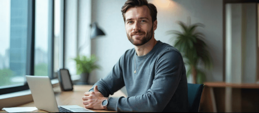 Homem jovem de aparência profissional sorrindo, sentado em frente a um notebook em escritório moderno com luz natural, ambiente corporativo e plantas decorativas.